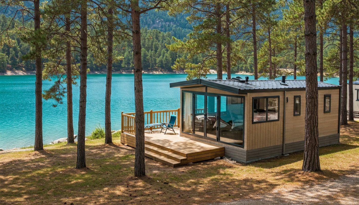 Mobil-home moderne avec de grandes fenêtres, situé dans un camping pittoresque avec des arbres verts et un lac bleu.