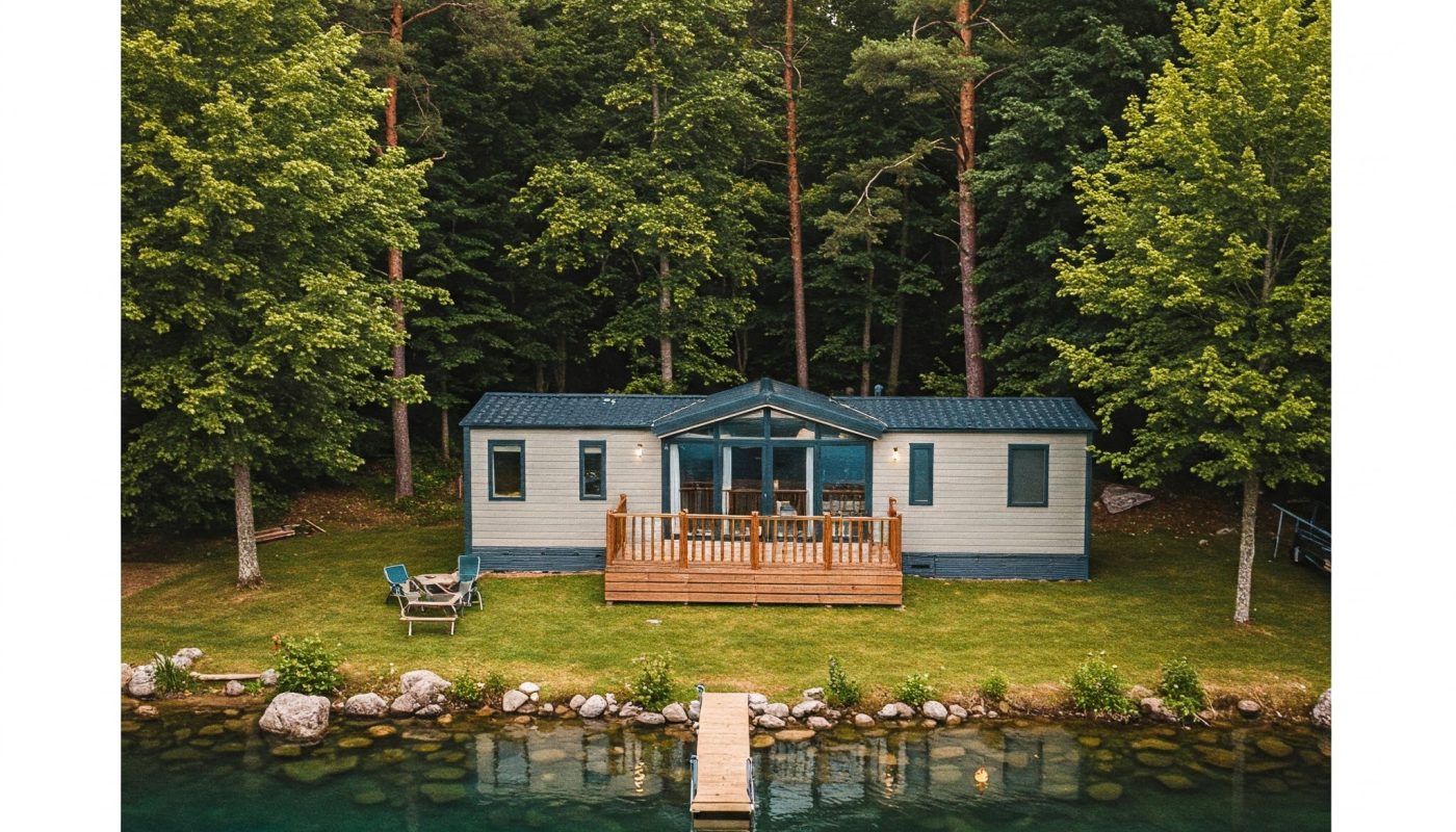 Mobil-home contemporain, grandes fenêtres, dans un camping avec arbres verts et lac clair, design élégant.