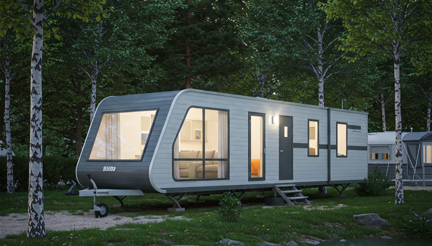 Mobil-home moderne avec extérieur gris clair, grandes fenêtres, dans un camping avec arbres et lac, lumière dorée du soir.